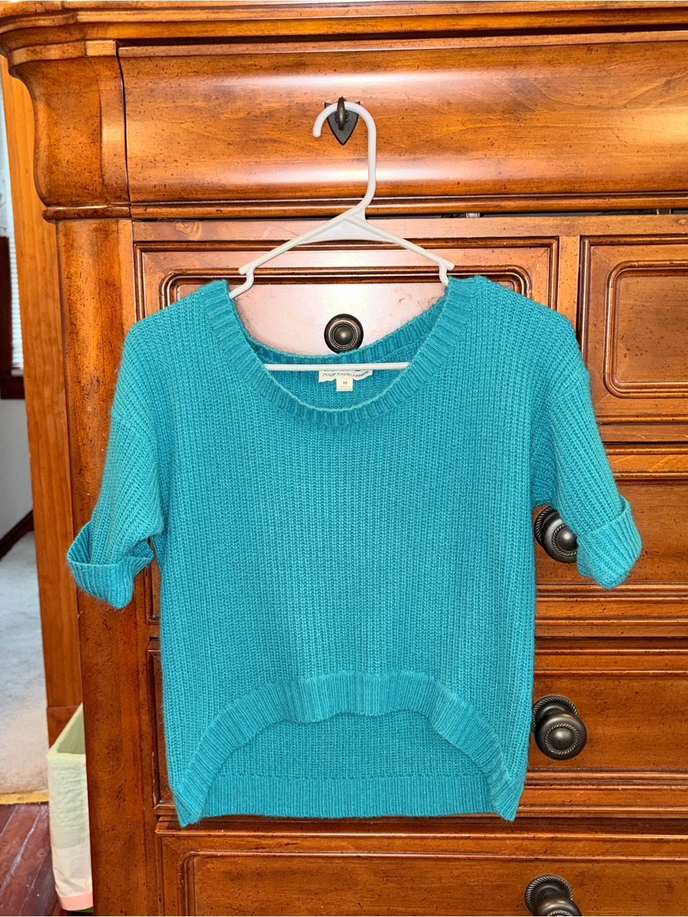 Poof Excellence Turquoise Teal Knit Short Sleeve Sweater Size Medium